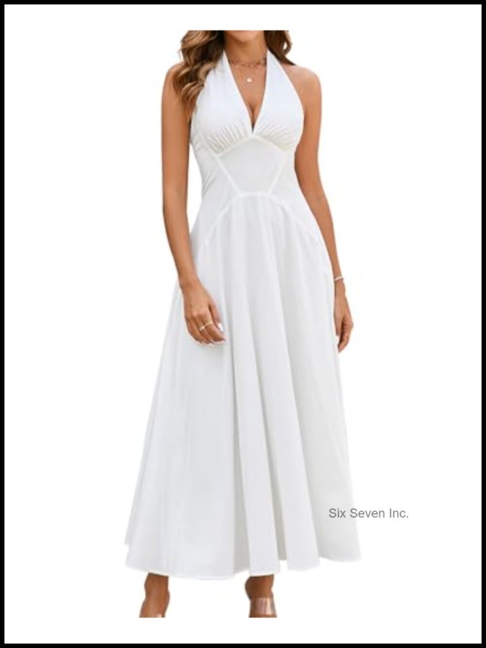 Women's Halter Midi Dress Corset Smocked A-Line Sleeveless V-Neck Summer